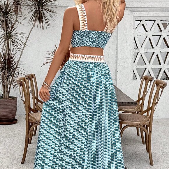 Blue Casual Women's Printed Patchwork Woven Belt Sleeveless Hollow Out Dress - Picture 2 of 6